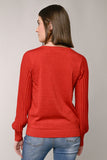 PLEATED SLEEVE LUREX CREW NECK SWEATER-Red