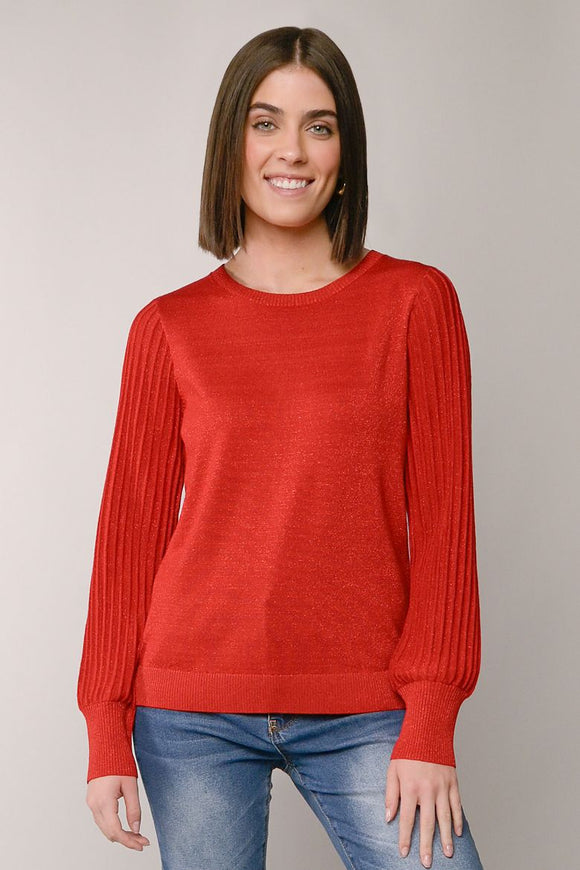 PLEATED SLEEVE LUREX CREW NECK SWEATER-Red