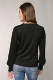 PLEATED SLEEVE LUREX CREW NECK SWEATER- Black