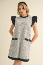 Tweed Shift Dress w/ Frill Neck- Black