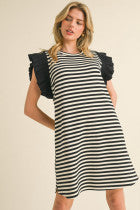 Striped Print Dress w/ U-Neck- Black