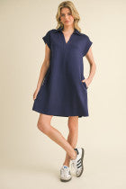 Navy Solid Collared Neck Dress