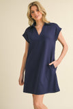 Navy Solid Collared Neck Dress