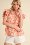 Orange Print Top w/ Frill Neck