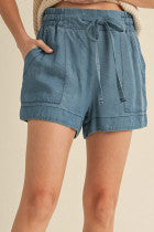 Washed Denim Shorts w/ Drawstring