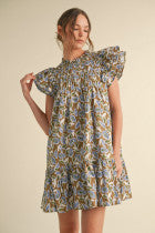 Blue/Brown Floral Print Dress w/ Frill Neck