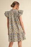 Blue/Brown Floral Print Dress w/ Frill Neck