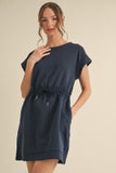 Navy Jersey Dress w/ Drawstring Waistline