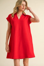 Red Solid Collared Neck Dress