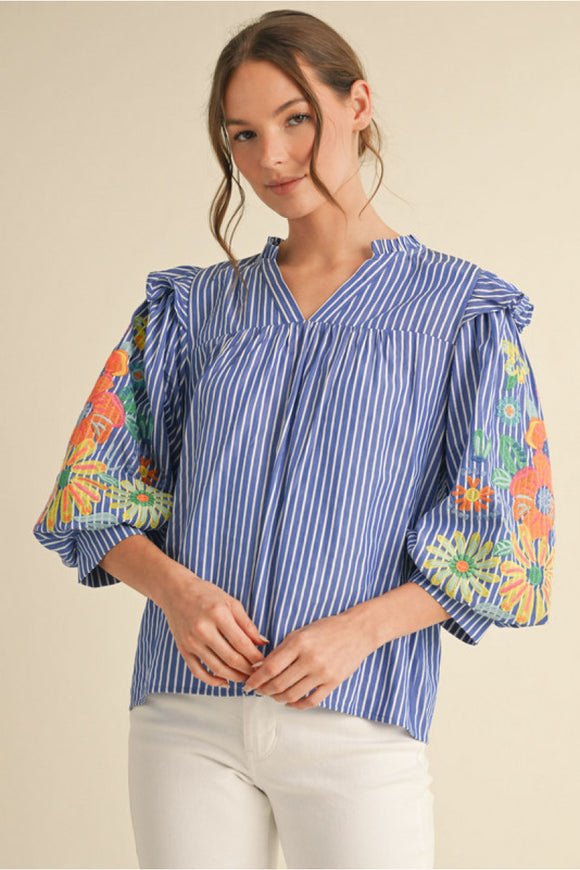 Denim Stripe Top w/ Embroidered Sleeve