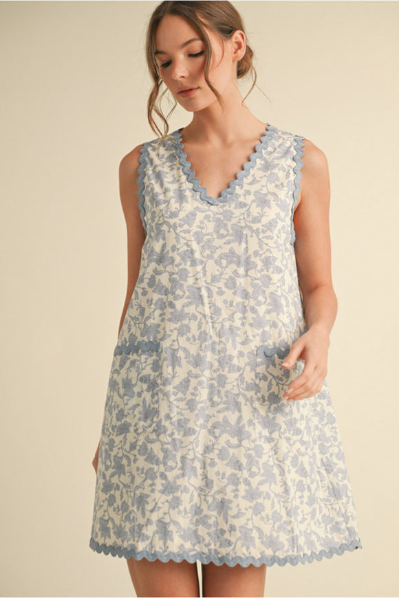 Blue Floral Print V-Neck Dress