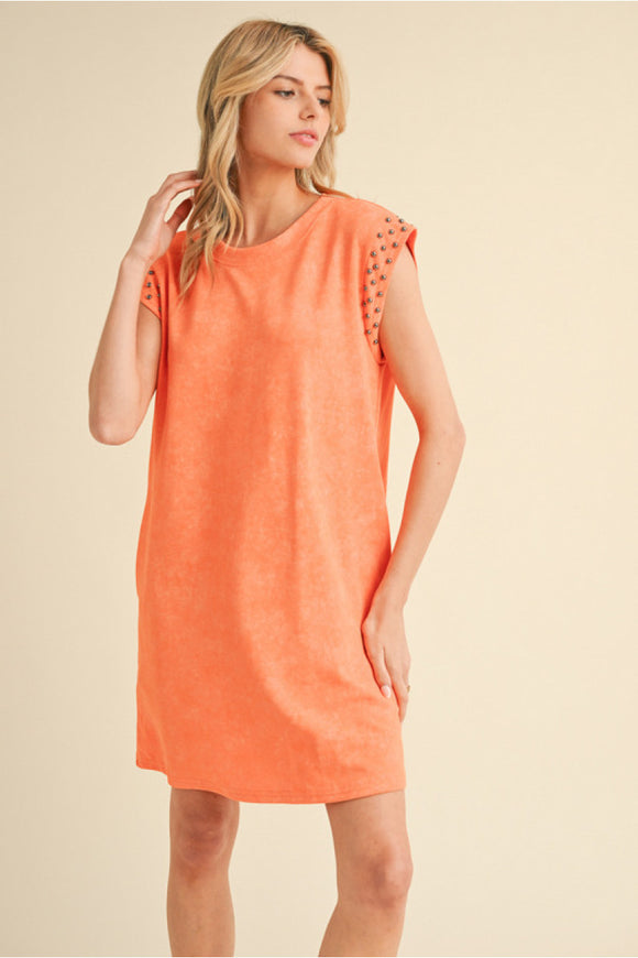 Orange Washed Solid Dress w/ Stud Sleeve