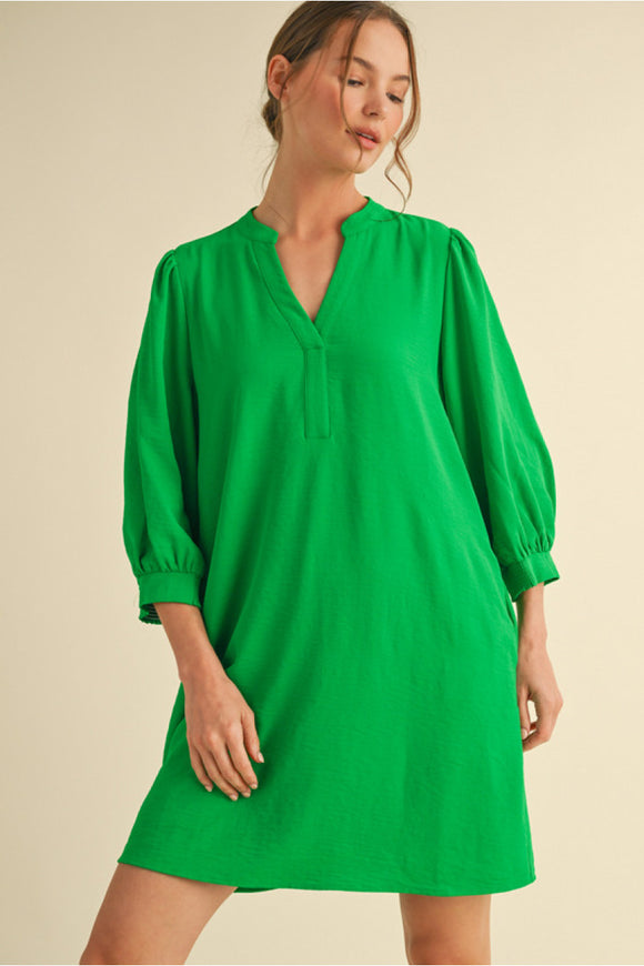 Green Solid Dress w/ Split Neck