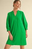 Green Solid Dress w/ Split Neck