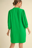 Green Solid Dress w/ Split Neck