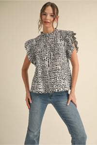 Black Print Top w/ Frill Neck