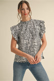 Black Print Top w/ Frill Neck