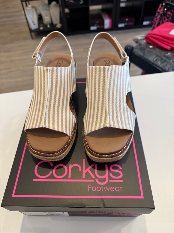 Corky’s Ready or Not Wedge- Tan White Stripe