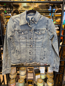 FRAYED DENIM JACKET W/ NOVELTY BUTTONS