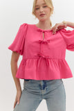 Pink Puff Sleeve Peplum Top