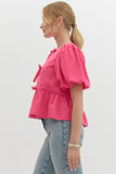 Pink Puff Sleeve Peplum Top