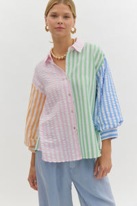 Pink Combo Stripe Button Up Top