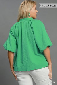 Green Bubble Sleeve Seersucker Top