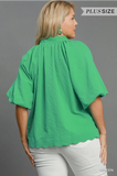 Green Bubble Sleeve Seersucker Top