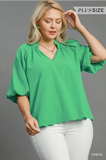 Green Bubble Sleeve Seersucker Top