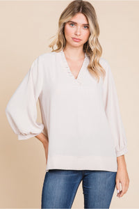 Oatmeal Frilled V-Neck 3/4 Sleeve Top