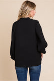 Black Frilled V-Neck 3/4 Sleeve Top