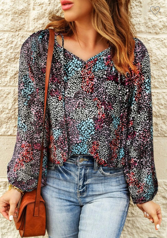 Multi Floral Tie Neck Top