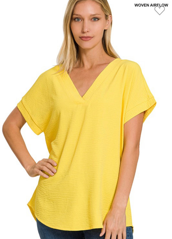 Yellow V-Neck Woven Hi-Low Top
