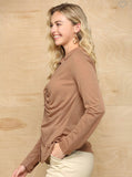 Latte Ruching Button Down Knit Top