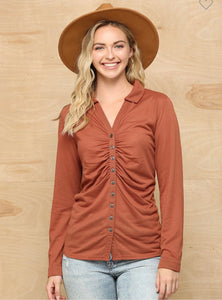 Clay Ruching Button Down Knit Top